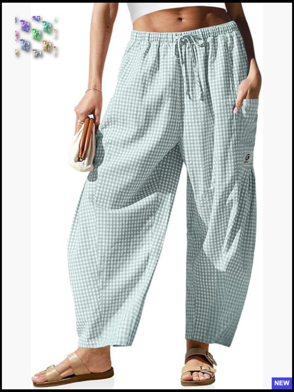 Wide Leg Linen Palazzo Harem Pants with Pockets Drawstring Low Rise